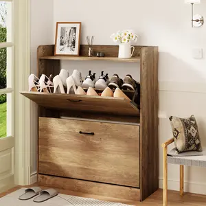 HOMMPA Farmhouse Shoe Storage Cabinet with 2 Flip Drawers, Freestanding Shoe Organizer with Metal Legs for Entryway, Narrow Shoe Rack Cabinet, Dark Walnut