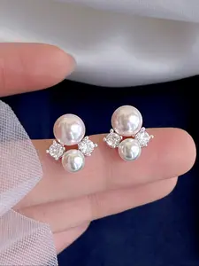 Women's Elegant Faux Pearl Stud Earrings, Rhinestone Design, Perfect for Daily Wear, Dates, Holidays, Engagement, Jewelry Gifts