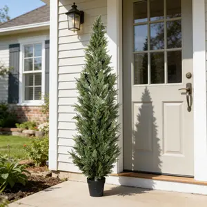 Entrance Decoration/5/6 Feet (Two Types) Black Plastic Pot/Artificial Cypress UV Resistant, Realistic Indoor and Outdoor Fake Topiary, Garden or Entrance Decoration, No Care Needed/1 Piece/Set