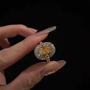 Women's Elegant Oval Yellow Cubic Zircon Beaded Gemmed Colored Gemstone Adjustable Finger Ring, Niche Fashion New Jewelry Gift for Parties, Cubic Zirconia Rings, Beaded Gemmed Rings