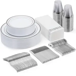 GOODLUCK 600pcs Silver Disposable Party Set Plates Silverware & Cups for 100 Guests Holiday Gatherings Gifts Complete Set Christmas Wedding