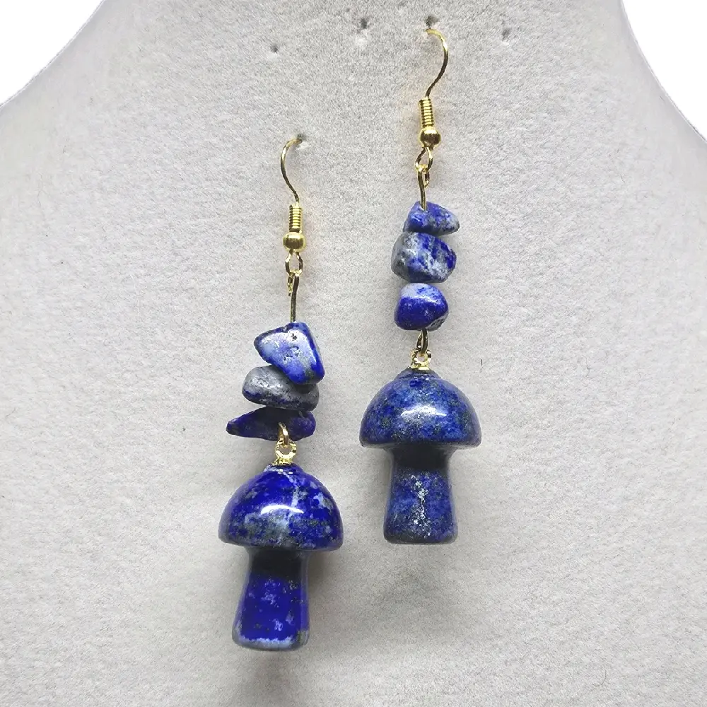 Lapis Lazuli Mushroom Earrings - Handcrafted Blue Gemstone Dangle Earrings with Gold Plated Hooks for Women