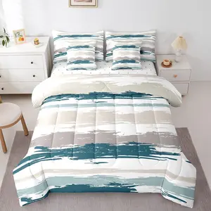 Abstract Blue 7 Piece Comforter Set,Set,Modern Grey Brown Striped Bedding Set for Boys Geometric Aesthetic Oil Painting Bed in A Bag