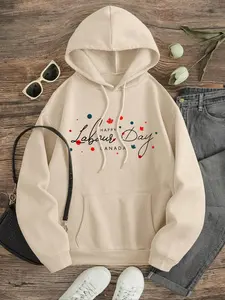 Women's Letter & Maple Leaf Print Drop Shoulder Hoodie, Fashion Casual Drawstring Pocket Hooded Sweatshirt for Daily Holiday Outdoor Wear, Ladies Clothes for Fall & Winter