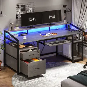 SIKAIC 63-Inch Ergonomic Gaming Desk - Commercial Office Furniture with LED Lights, Drawers, Dual Monitor Stand for Man Cave Grey Home Office Use