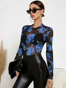 Elegant Lace Hollow Out Long Sleeve Floral Slim Fit Women's Blouse Top, Spring & Fall Fashion, Sexy Sheer Mesh Design, Perfect for Casual Wear