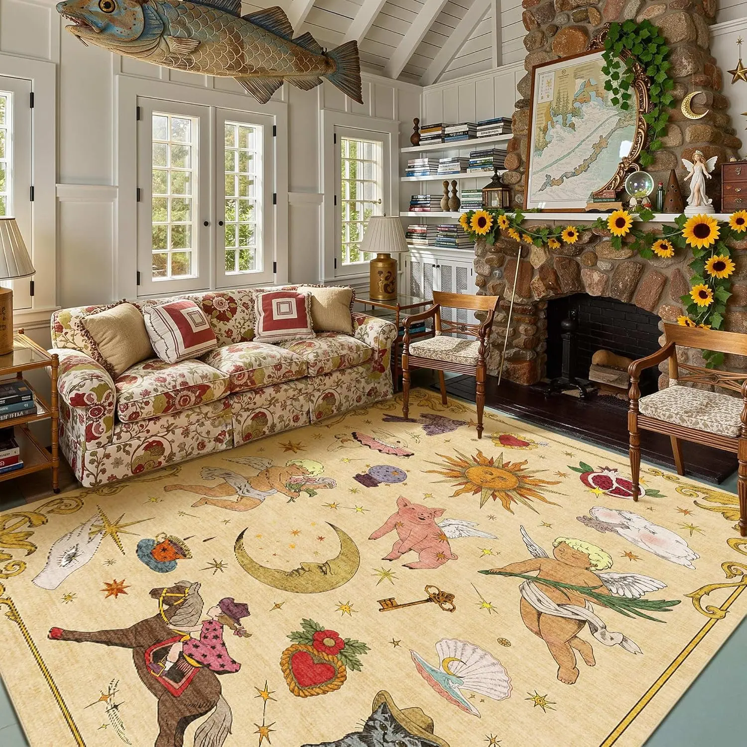 Kokia Sun and Moon Celestial Cottagecore Area Rug 8x10 Feet Yellow Vintage Washable Low Pile Non-Slip Rug for Nursery Playroom Living Room Bedroom Unique Boho Decorative Tapestry Rug