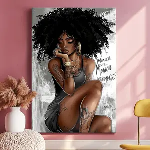 Black Queen Wall Decor African American Framed Art Abstract Girl Canvas Fashion Women Portrait Meditation Vertical Painting Poster Artwork Gifts USA Made