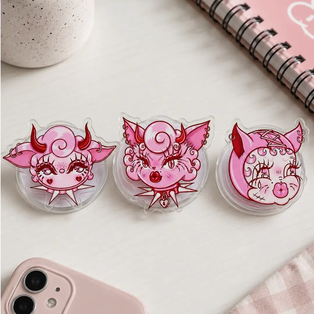 Pink Devil Girl Phone Grip, Creepy Cute Acrylic Phone Holder Stand, Kawaii Demon Pop Socket, Pastel Goth Y2K Phone Grip, Cute Horror Gift