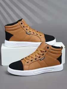 Men's High-Top Casual Shoes, Trendy High Top, Vintage Classic Military Sports Sneakers, PU Leather Lace-Up, Thick Sole, Breathable Comfort