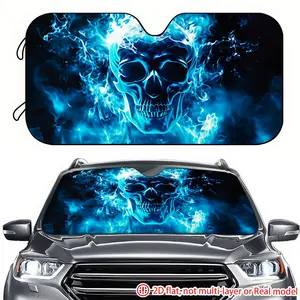 1pc blue flame skull pattern 2D high-definition printing on car sunshade, effectively blocking sunlight, suitable for decorating the front windshield of RVs, trucks, and SUVs, Windshield Cover Sun Shade