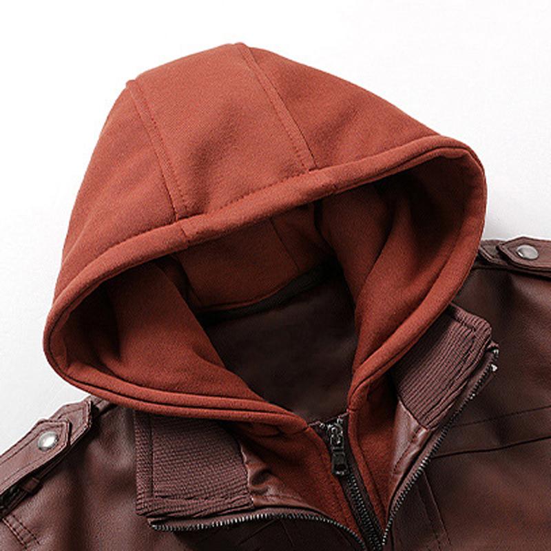 Men's Winter PU Leather Faux Two-Piece Hooded Jacket – Thick, Warm, Trendy Motorcycle Style Coat with Removable Hood, Ribbed Cuffs, and Zipper Front Closure; Perfect for Streetwear, Jogging, Fishing, or Casual Wear; A Versatile Addition to Any Man's Wardr