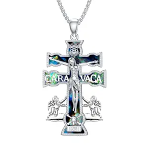 Caravaca Cross Necklace 925 Sterling Silver Caravaca Double Cross with Angels Crucifix Pendant Necklace Religious Jewelry Gifts for Women Men TikTokShopBlackFriday