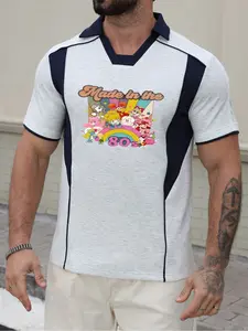 Trendy Two-Color Patchwork Polo Shirt, Casual Slim-Fit Print Design, Youthful Sportswear for Daily Wear, Stand Collar Comfortable Top