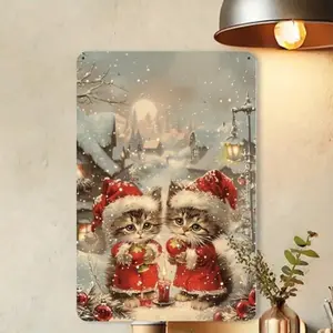 Vintage Christmas Kitten Wall Art 8x12 Inch Durable Aluminum Sign With Foil Embossing Festive Home Garden Decor Gift
