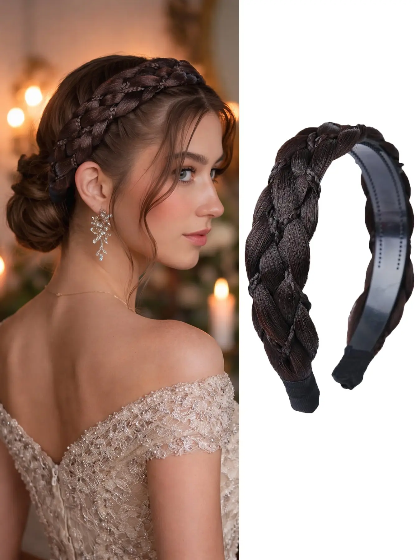 Wide Braided Headband with Teeth Anti Slip Synthetic Hair Plaited Headband Fishtail Braided Hair Band Hairpiece for Girls Women Headbands Women Beauty Accessory Hairbands (Dark brown)