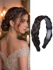 Wide Braided Headband with Teeth Anti Slip Synthetic Hair Plaited Headband Fishtail Braided Hair Band Hairpiece for Girls Women Beauty Accessory (Dark brown)