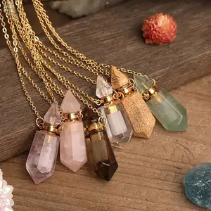 Faceted Natural Stone Wish Bottle Pendant Necklace, Unisex Style, 45cm Stainless Steel Chain, Perfume Bottle Design, Christmas Gift