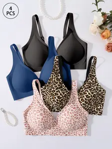 1/4 Pcs Jelly Bra, Sexy Push-Up Wireless Leopard Print, Medium Support, Slim-Fitting, 3/4 Coverage, All Seasons Women's Bras