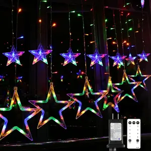 Star Curtain Lights 138 LED 12 Star Multicolor Christmas Lights 8.2 Ft Connectable Window Lights with Remote Plug in Curtain String Lights for Christmas Ramadan Bedroom Indoor Outdoor Decor