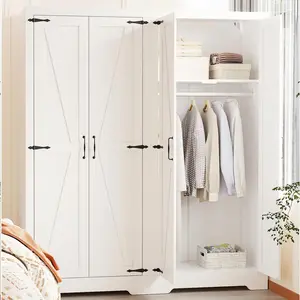 Farmhouse Armoire Wardrobe Closet with Hanging Rod and 2 Barn Doors Large Wooden Clothing Storage Cabinet for Bedroom Space-Saving Organizer
