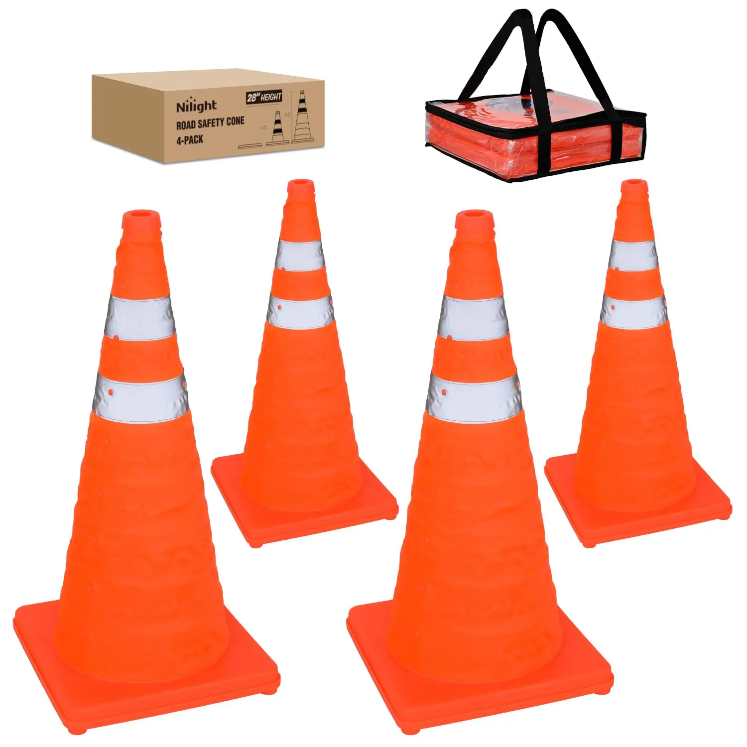 Nilight 28-Inch High Visibility Collapsible Traffic Safety Cones, 4-Pack - Bright Orange Parking Cones with Reflective Collars for Roadside Emergency, Camping, Cones For Camping