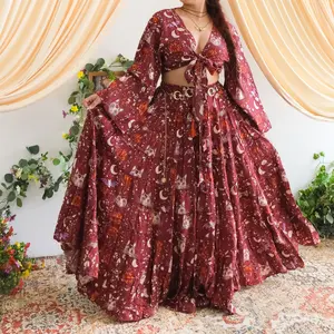 Witchy Whimsical Two Piece Tiered Skirt and Top, Flowy Boho Maxi Skirt with Pockets, Cat Lover Apparel, Spooky Ethereal Outfit, Cottage core, Goth