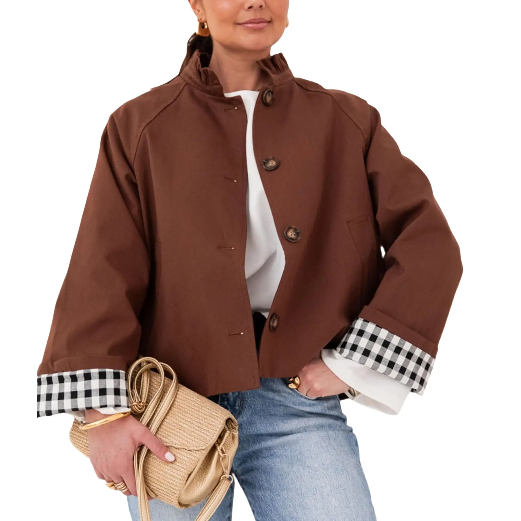 Hixiaohe Women's Chic Cute Elegant Stand Collar Windproof Single-Breasted Long-Sleeve Trench Coat, Tops Outerwear with Plaid Cuffs, Ruffle Hem, Patchwork Details for Fall, Feminine