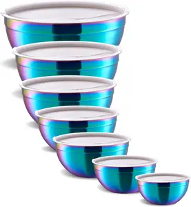 Rainbow Mixing Bowls with Airtight Lids,Stainless Steel Bowl,Salad Bowls 7 Piece Colorful Nesting Bowl Rainbow Kitchen Accessories,Size 7,3.6,2.7,2.1,1.5,1.1,0.8QT Stackable Design Onlycooker