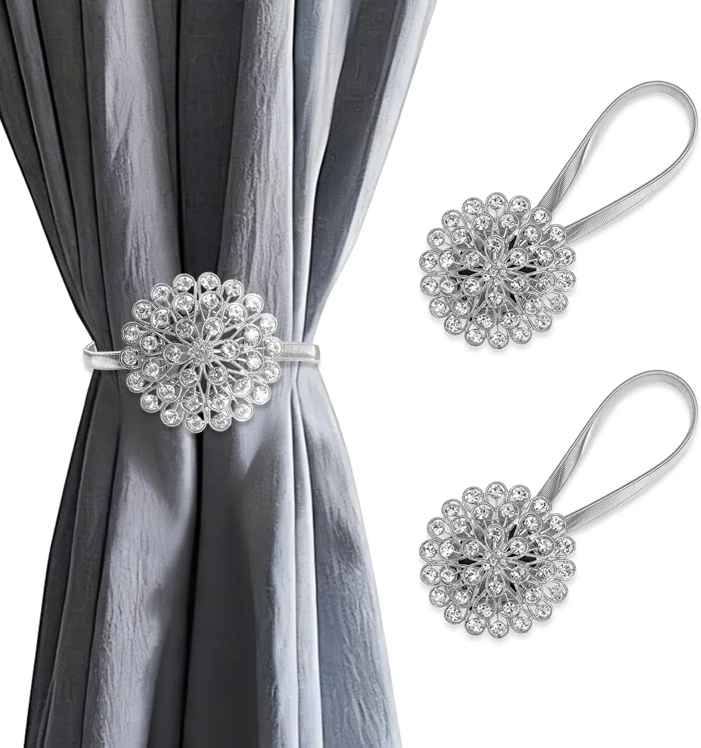 2Pcs Magnetic Tiebacks for Curtains, Sparkling Crystal Flower Curtain Tiebacks Curtain Buckle Clips with High-Elastic Spring Wire for Home Office Decoration (Silver) - Home Improvement.