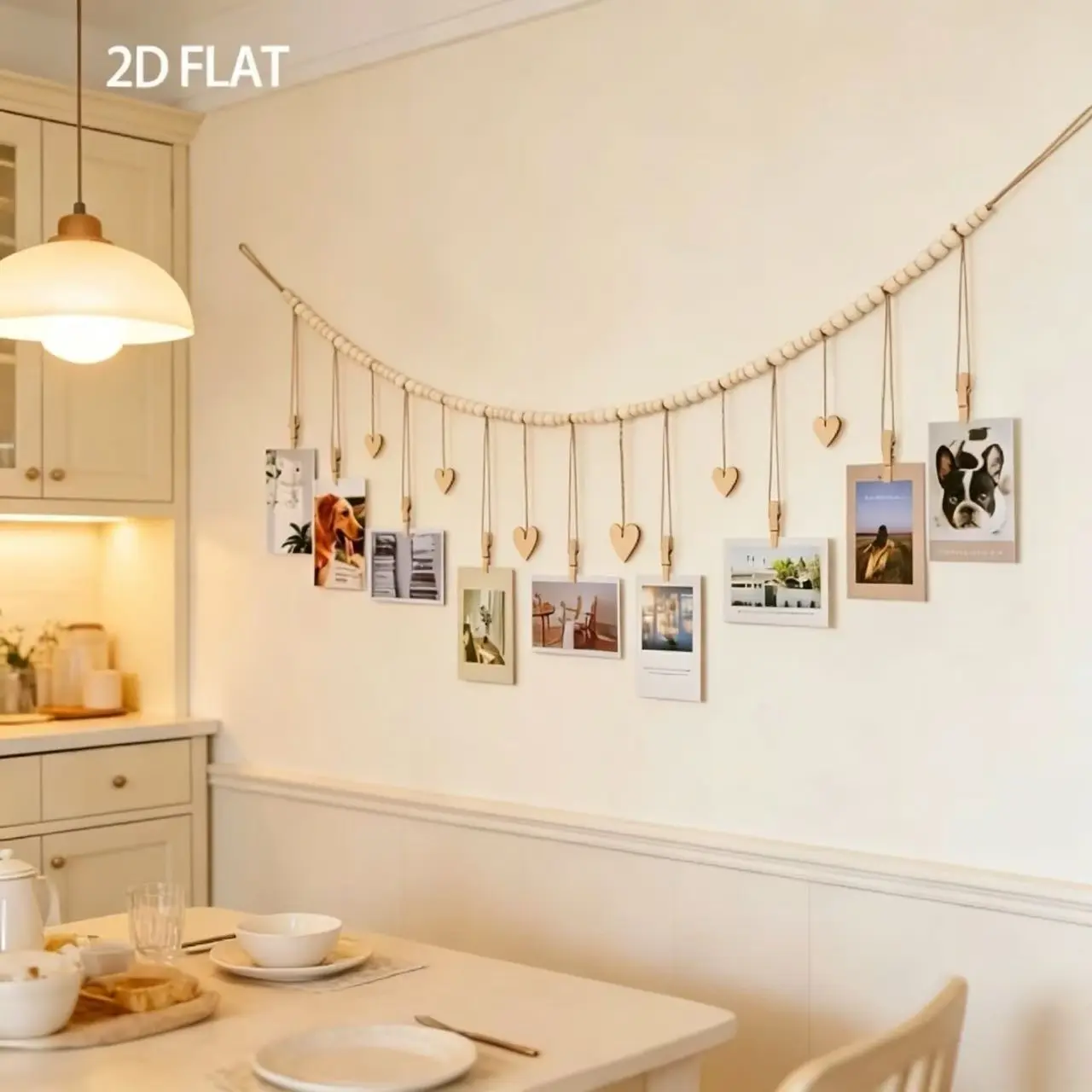 Bohemian Style Photo Display Rack, Wall-Mounted Photo Holder, Hanging Decor, Decoration Items, Creative Home Decor, Artistic Home Decor for Living Room, Bedroom, Classroom, Wooden Beads, Clips, Heart Tags