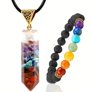 necklace Unisex Natural Volcanic Stone & Crystal Chip Necklace Set - Versatile Resin Pendant High-End Jewelry For Men And Women, Daily & Occasion Accessory, Earthy Texture Necklace Set, Cross-Gender Crystal Volcanic Jewelry