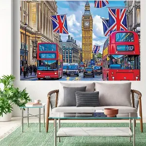 British-Themed Party Banner Backdrop with Big Ben Red Buses & Union Jack Flags Durable Polyester Fabric for St George's Day Photography Props Events Multiple Sizes Available White