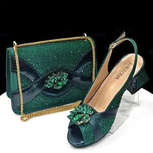 Women’s Green Peep-Toe Heels – Diamond Accent Pumps with Italian Party Shoes & Bag Set