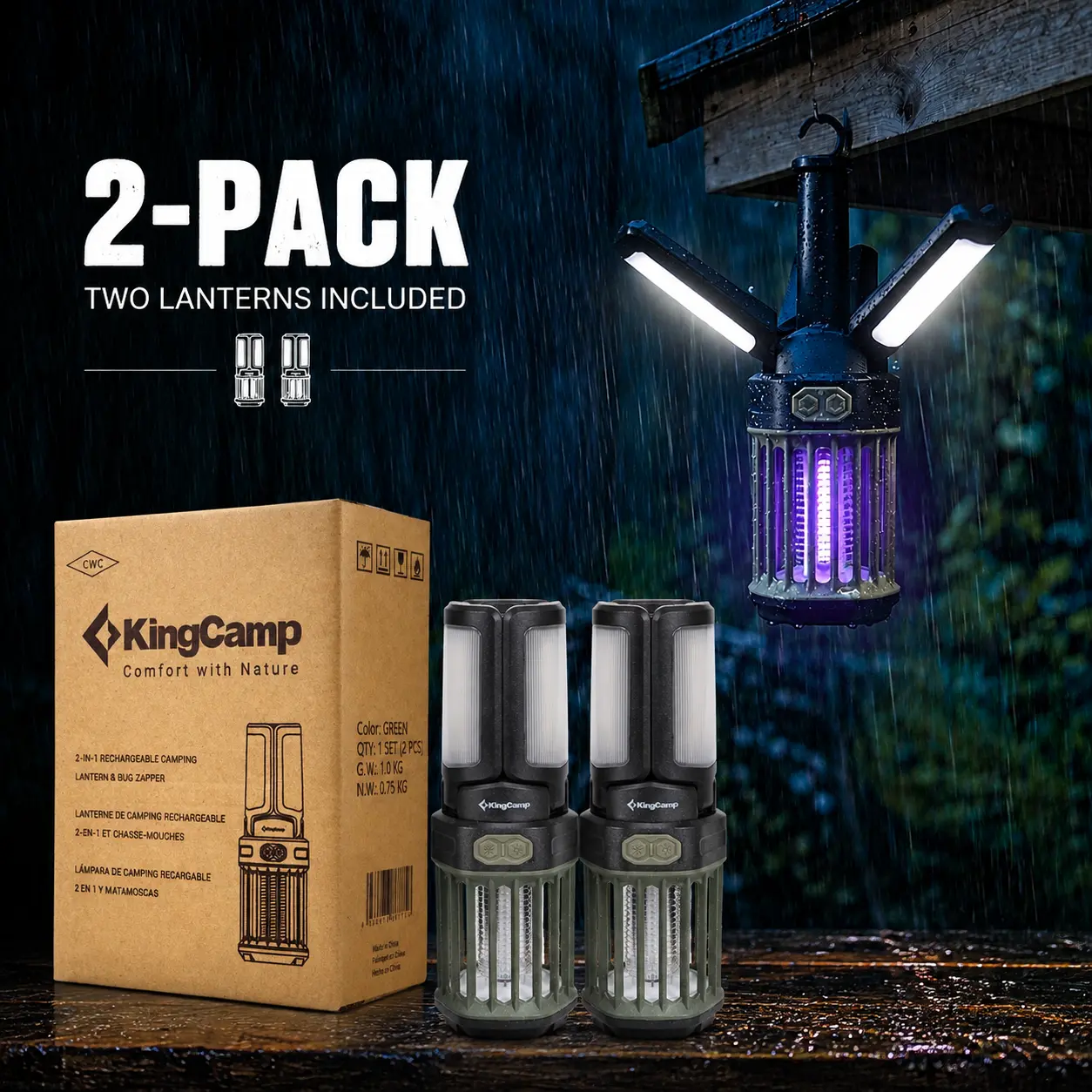 KingCamp 2-in-1 Rechargeable Camping Lantern & Bug Zapper, LED Tent Light with UV Mosquito Killer, 900V Electric Grid, 360° Lighting Coverage, USB-C Outdoor Lantern for Camping, Patio & Backyard