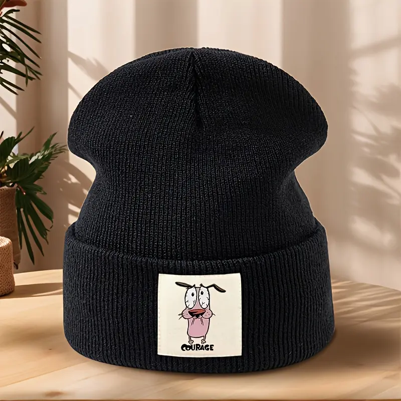 Unisex Knitted Pink Beanie with Cute Cartoon Dog Face - Soft Skin-Friendly Acrylic, Stretch, One Size, Breathable, Warmth Retention Winter Sports Hat for Casual Outdoor Wear, Hand Wash Only