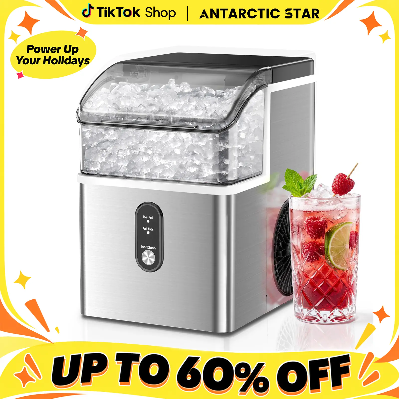 Antarctic Star Stainless Steel Black Countertop Nugget Ice Maker - Kitchen Appliances for Residential Home Users, Plastic Components, Soft Chewable Pellet, 34Lbs/Day, Self-Cleaning, 1-Button Operation, Ice Full Auto Stop, Portable for Kitchen/Office,techv