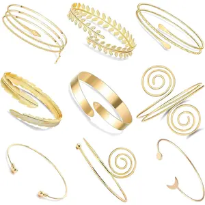 Women's 9-Piece Alloy Metal Arm Cuff Set - Female Minimalist Adjustable Upper Arm Bands with Leaf Motifs, Unique Shapes, Silver & Gold Costume Jewelry Bracelet Bangles for Fashion Accessory Use