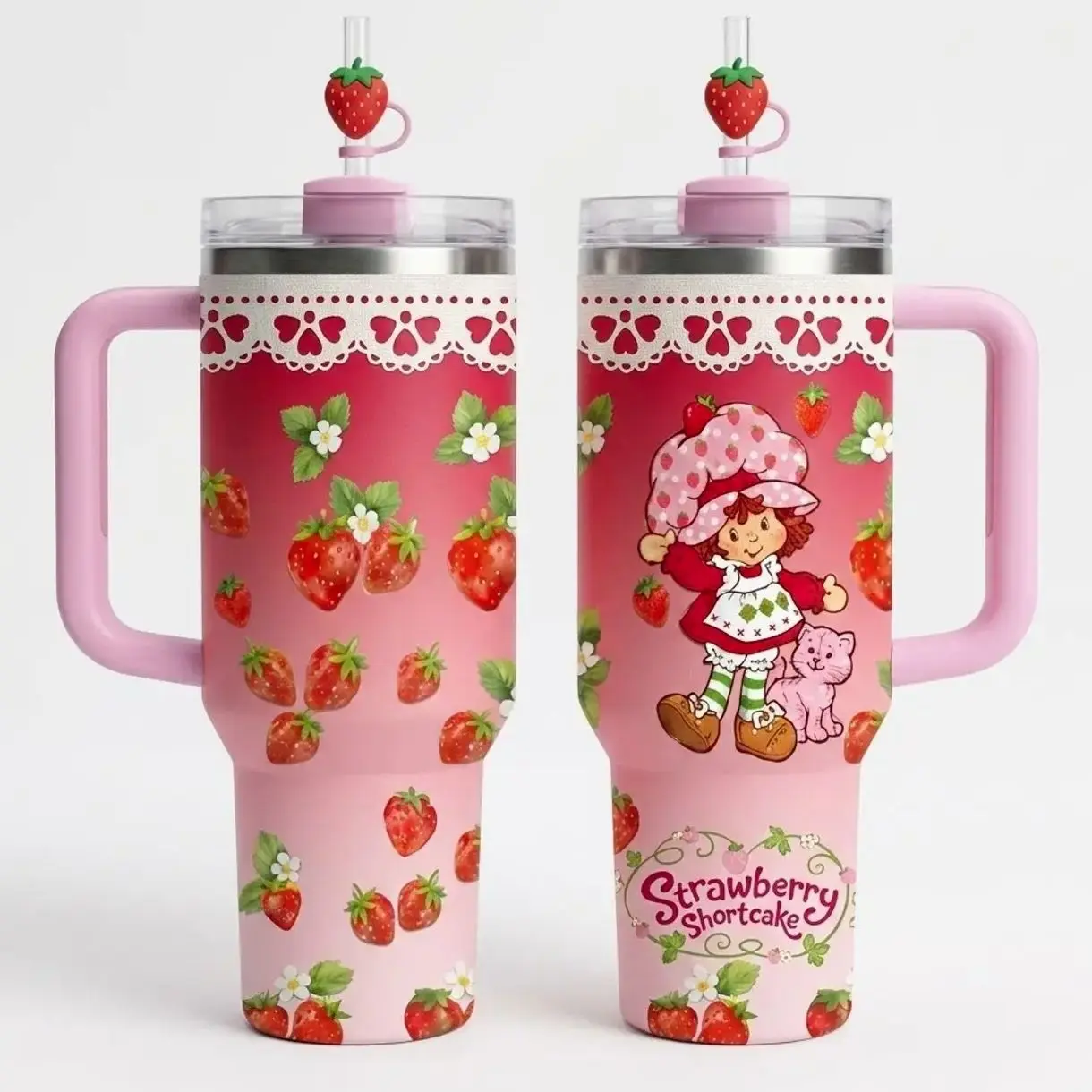 Pink Strawberry Cartoon Tumbler 40oz with Handle