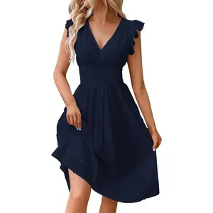 Women’s Vacation Dresses 2025 Summer Trendy Eyelet Lace Ruffle Sleeve V-Neck Midi Dress Flowy A-Line Sundress