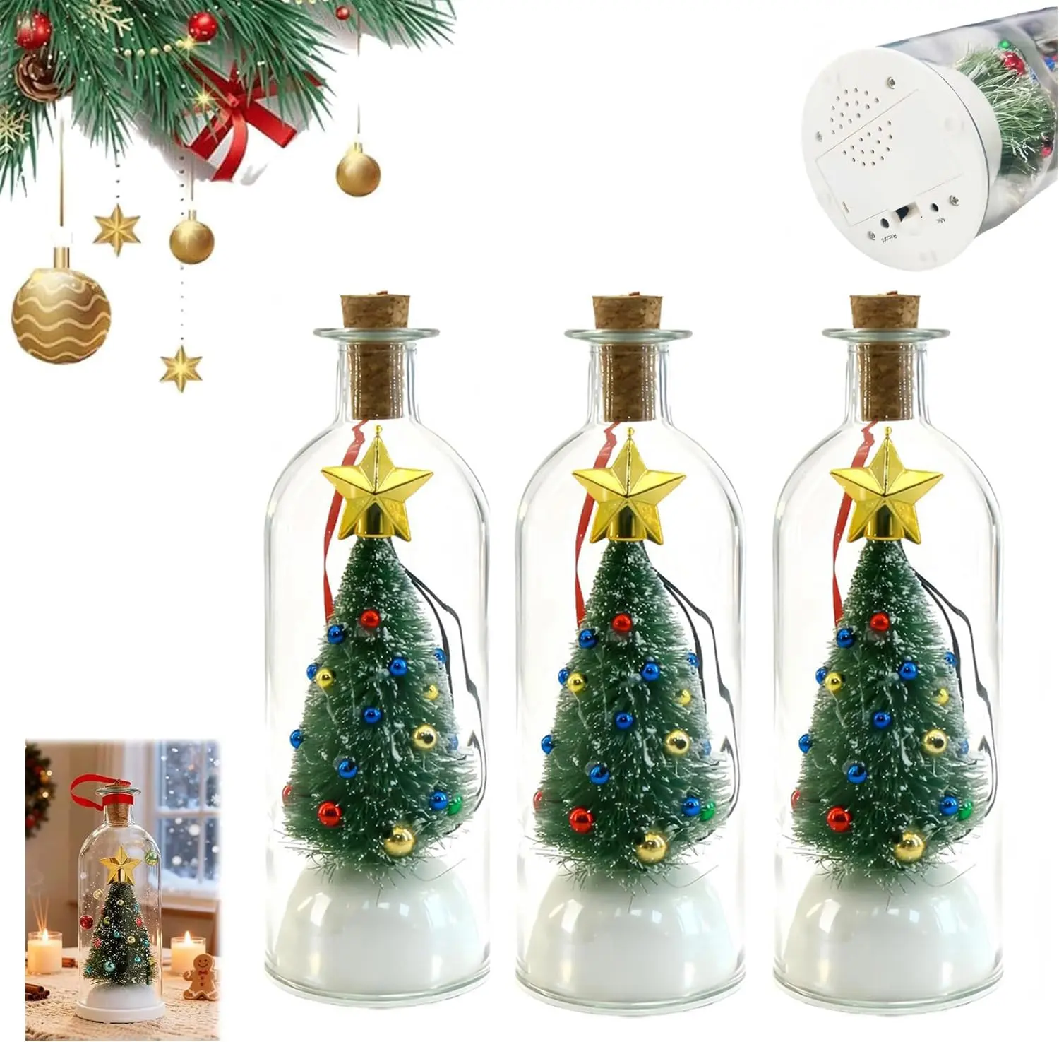 Christmas Tree Message in a Bottle Ornament Set - Recordable Message in a Bottle Voice Recording Ornament - Recordable Christmas for Family Friends Lovers Unique Xmas Gift (3pcs) homedecor