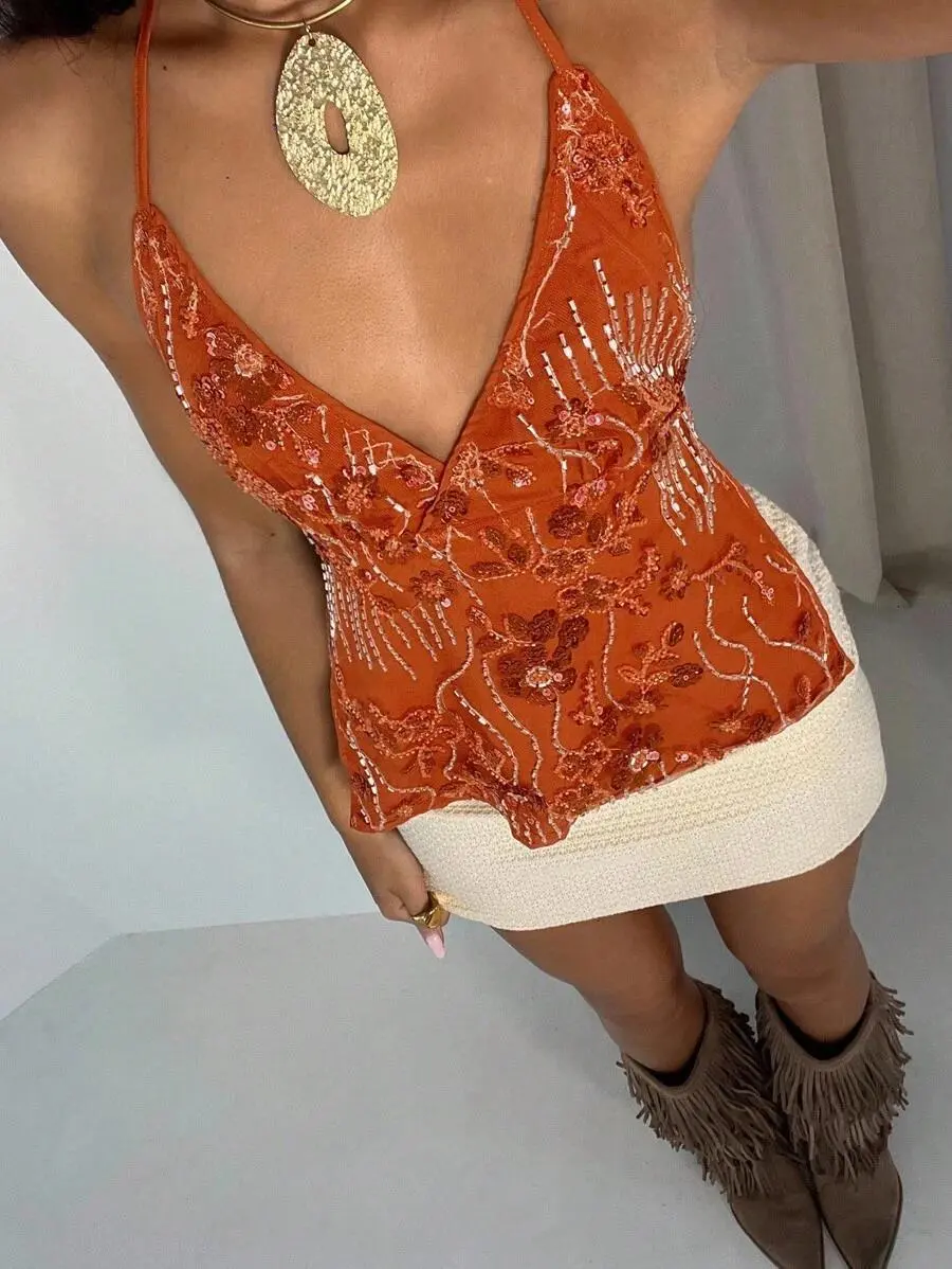 Glamine Shiny Orange Sequin Camisole Sexy Romantic Summer Beach Top