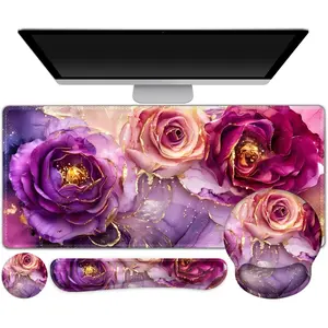 Gaming Mouse Pad Large Desk Mat Cute Desk Pad Protector 4in1 XXL Set Includes Mousepad Keyboard Wrist Rest Mouse Wrist Rest Coaster Ergonomic for Home Office PC Marble Rose Purple Flowers