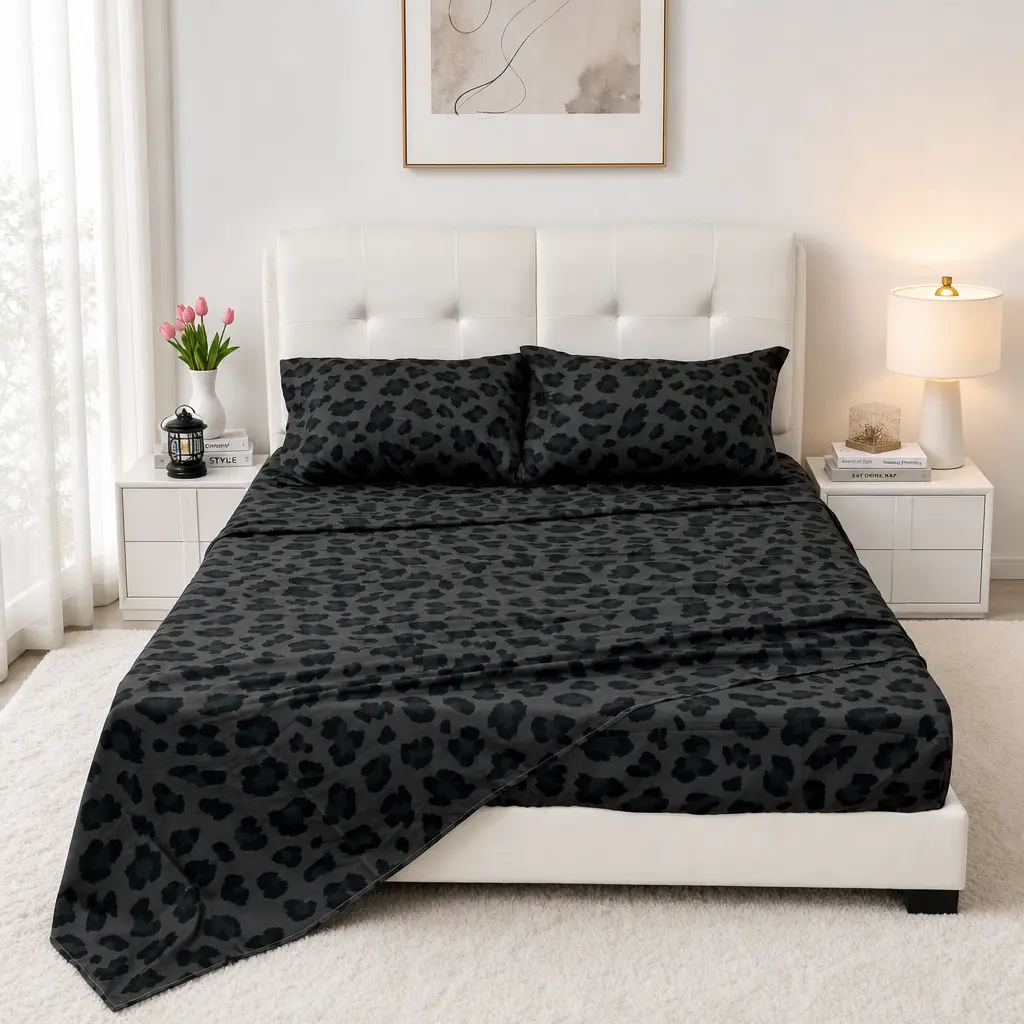JOLLYVOGUE Leopard Print Fitted Sheet and Fitted Sheet Set (4-Piece), Extra Deep Pockets (14 inches), Soft Microfiber Bedding, Stylish and Cool Summer Set, Wrinkle-Resistant