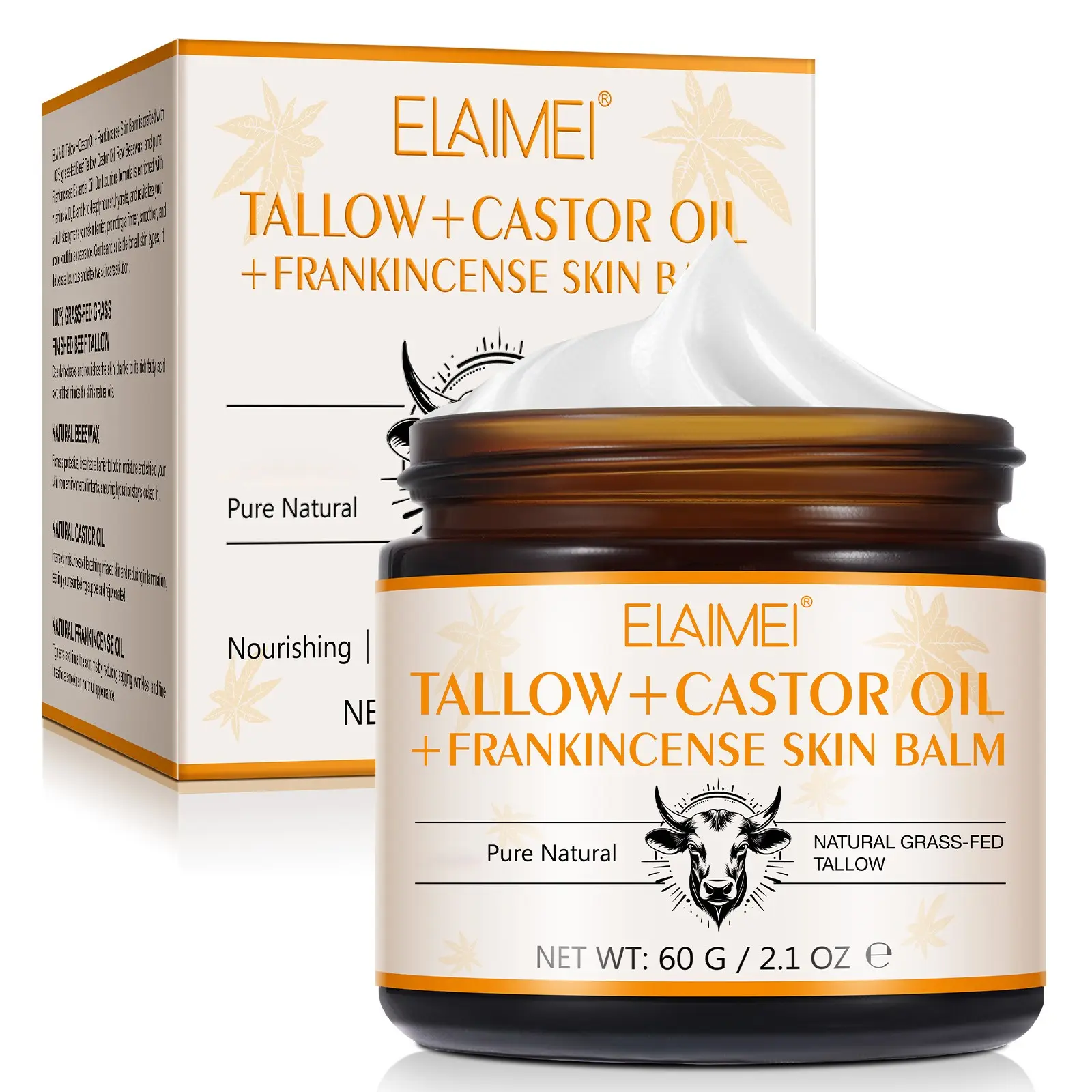 Elaimei Butter & Castor Oil Balm 60g, Beef Tallow Balm, Rich in Fatty Acids, Nourishing, Grass-Fed Beef Fat Moisturizer, Plant-Based Formula, Gentle for Sensitive Skin