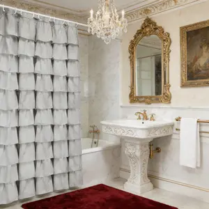 Solid Color Ruffle Trim Shower Curtain, Woven Layered Ruffle Design Shower Curtain with Natural Button Accents, Machine Washable Polyester Bath Curtain, Bathroom Decor, Bathroom Accessories