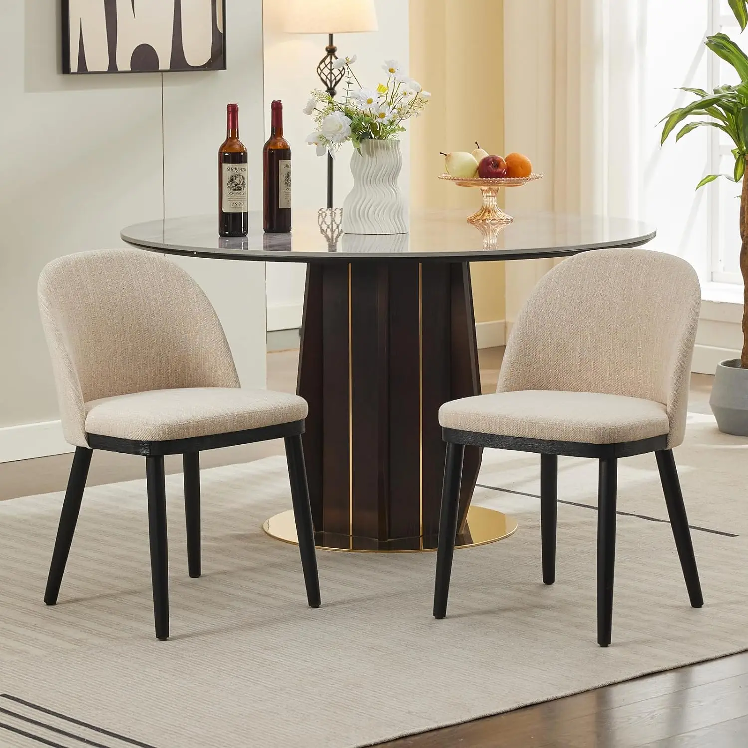 Gaomon 2-Piece Black Wood Chic Body-Friendly Comfortable Dining Room Chairs, Curved Back with Beige Fabric Thick Cushions for Kitchen & Dining Spaces, Black Dining Chairs