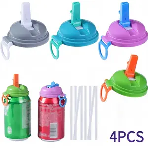 4-pack 4 Color Soda Can Lids with straw, Soda Can Covers with Silicone straw BPA-Free Reusable For Fits standard For Canned Beverage, Beer, Juice,Seltzer. (Colour mixture)