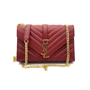 Pre-owned Yves Saint Laurent Leather CrossBody Bag Classic Monogram Envelope Chevron Red Small W/N/A #4358