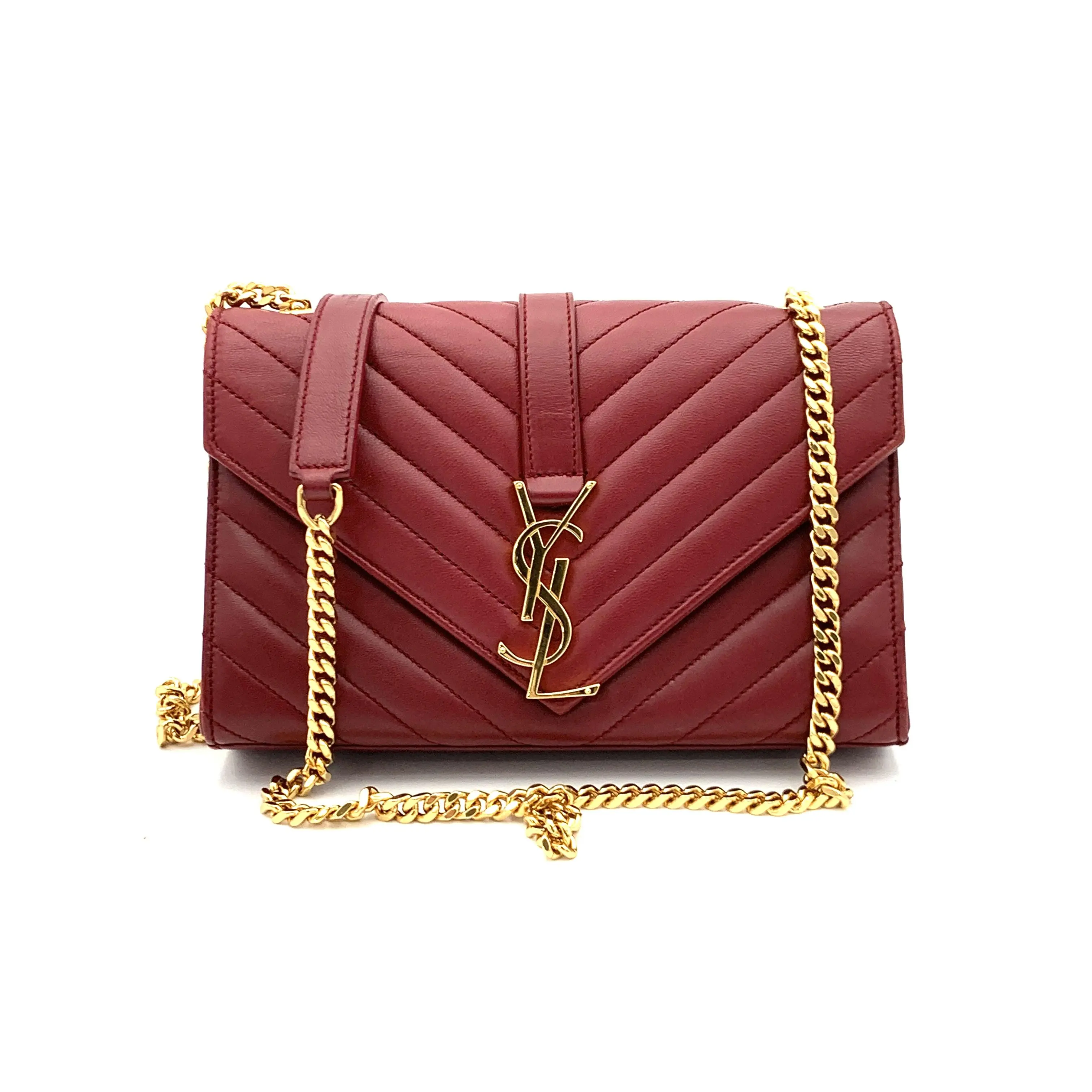 Pre-owned Yves Saint Laurent Leather CrossBody Bag Classic Monogram Envelope Chevron Red Small W/N/A #4358
